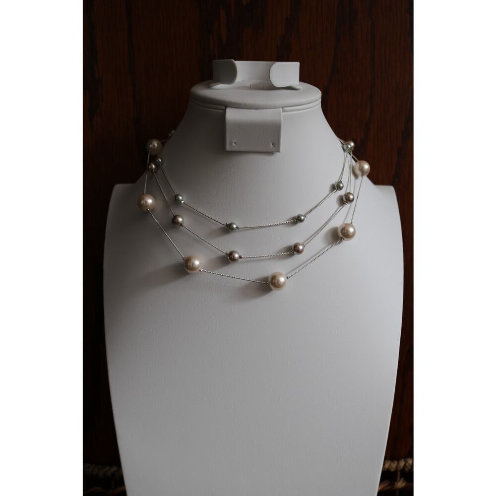 Faux PEARL Three Strand Necklace Womens Cream Pink 9in Rondelle Spacers Elegant - Picture 8 of 8